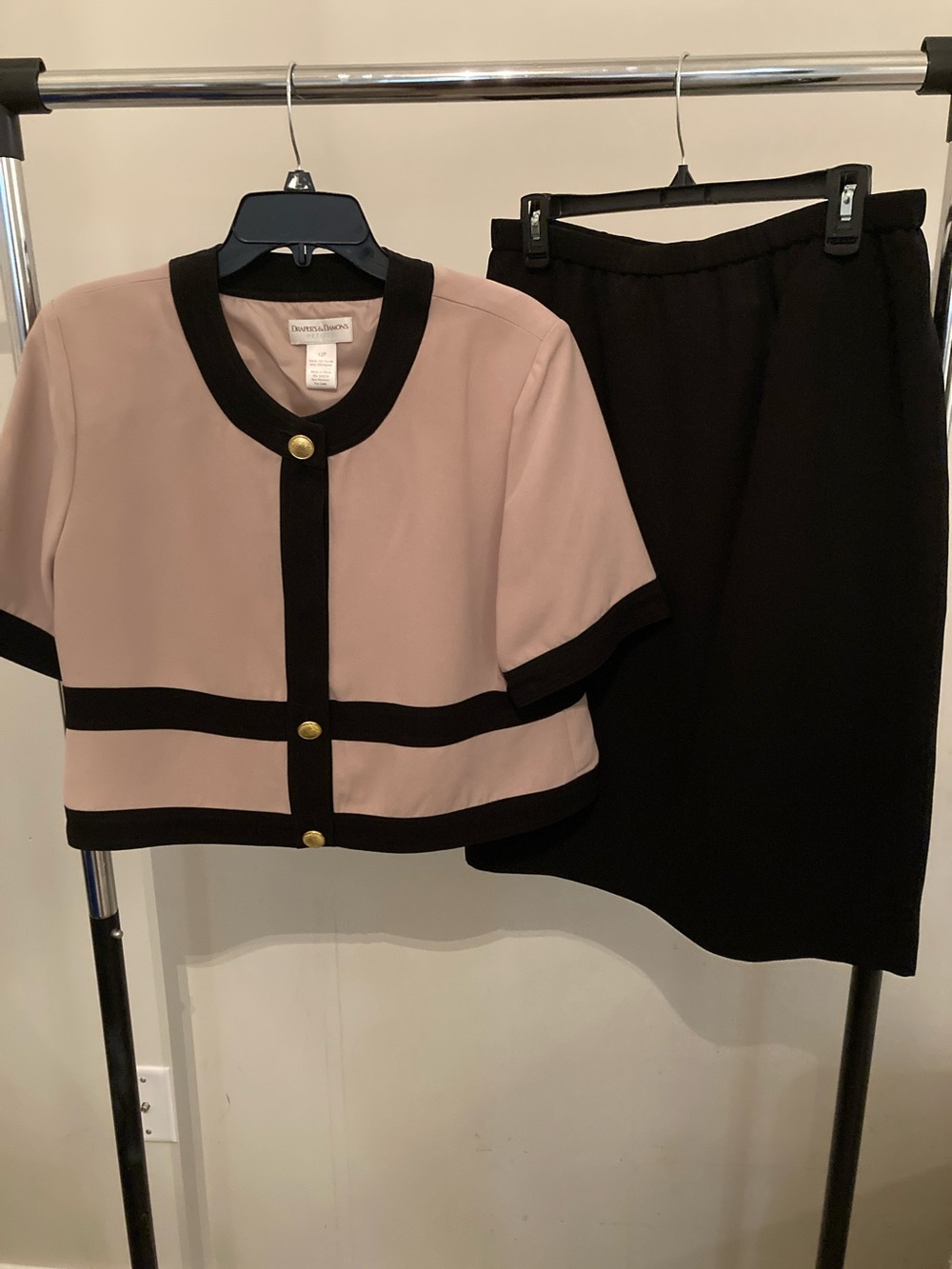 Donna Morgan Blush and Black Cropped Jacket with Black Pencil Skirt